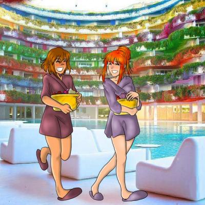 Pauline et Lili en direction des bains